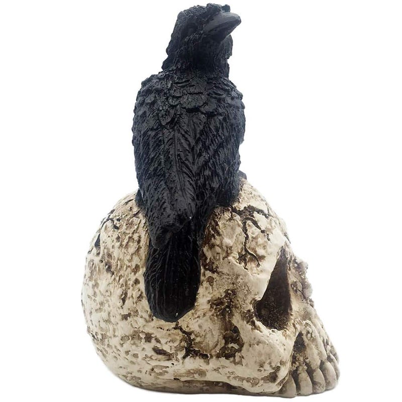 ThriBartLive Raven On Skull Halloween Home Decor - Gothic Crow On Skull Statue, Bird Perching On Skeleton Figurine, Macabre Ossuary Sculpture - Image 4